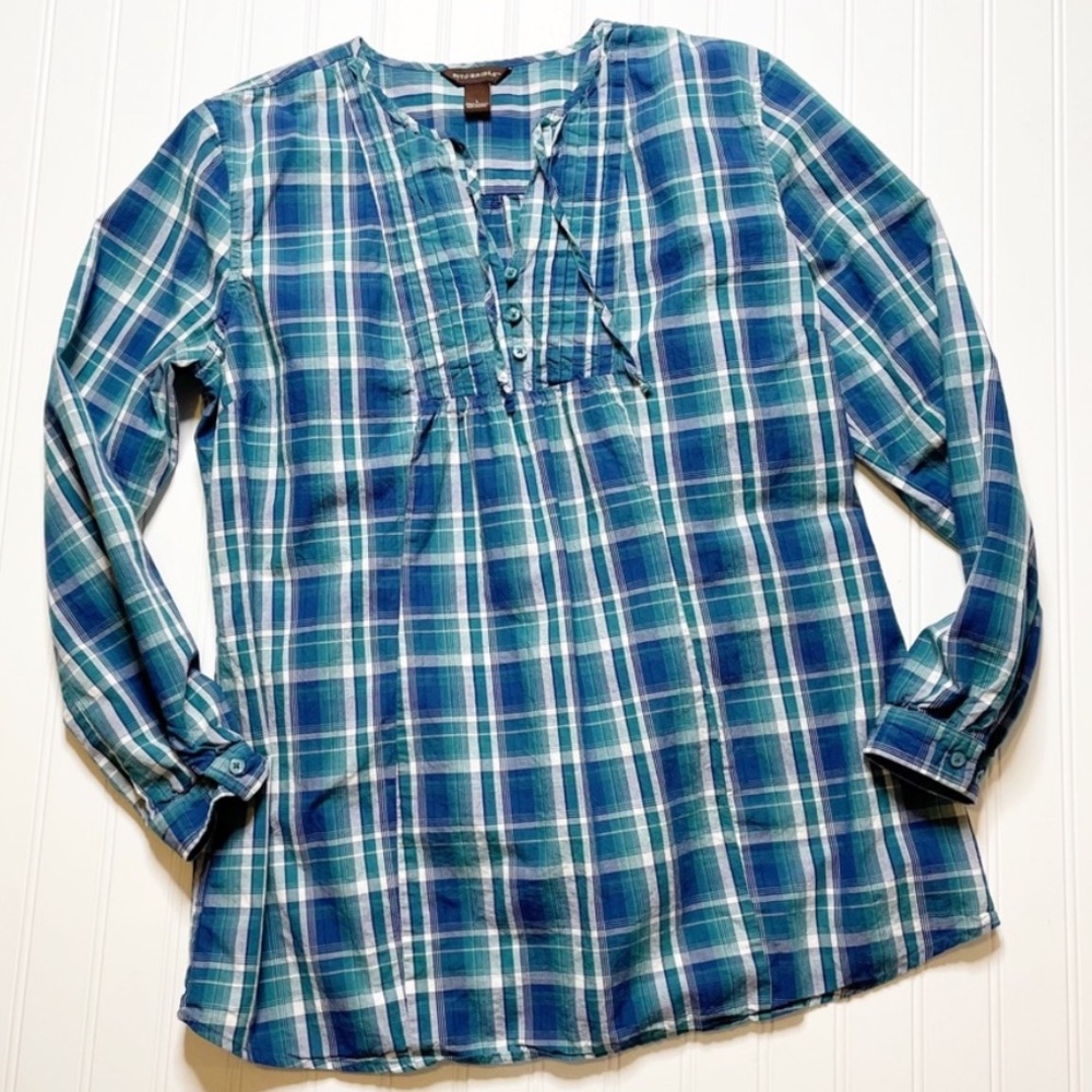 Bit & Bridle BLUE TEAL WHITE PLAID POPOVER TUNIC TOP Women’s XL 100% COTTON